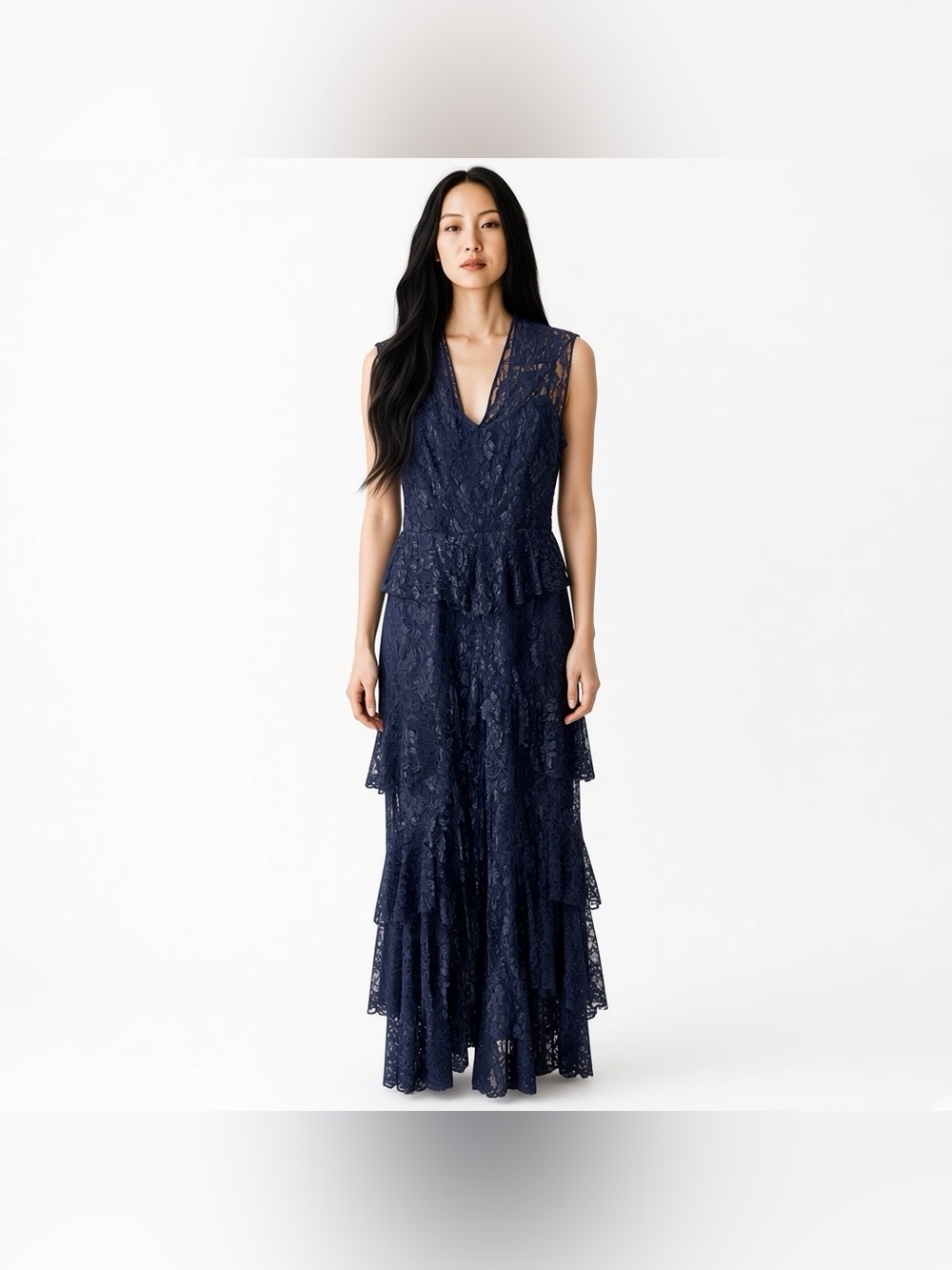 Betsy and Adam Black Tiered Lace Evening Dress Long Gown Size 12 NWT Goth Dark